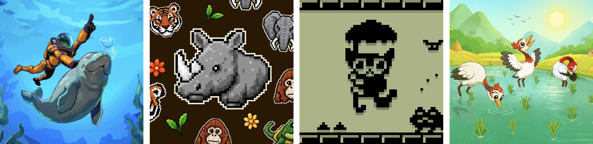 Bốn hình minh họa: thợ lặn bên chú bò biển, tê giác pixel giữa hổ, voi và đười ươi, chú tarsier 1-bit, và đàn sếu đầu đỏ trên cánh đồng lúa