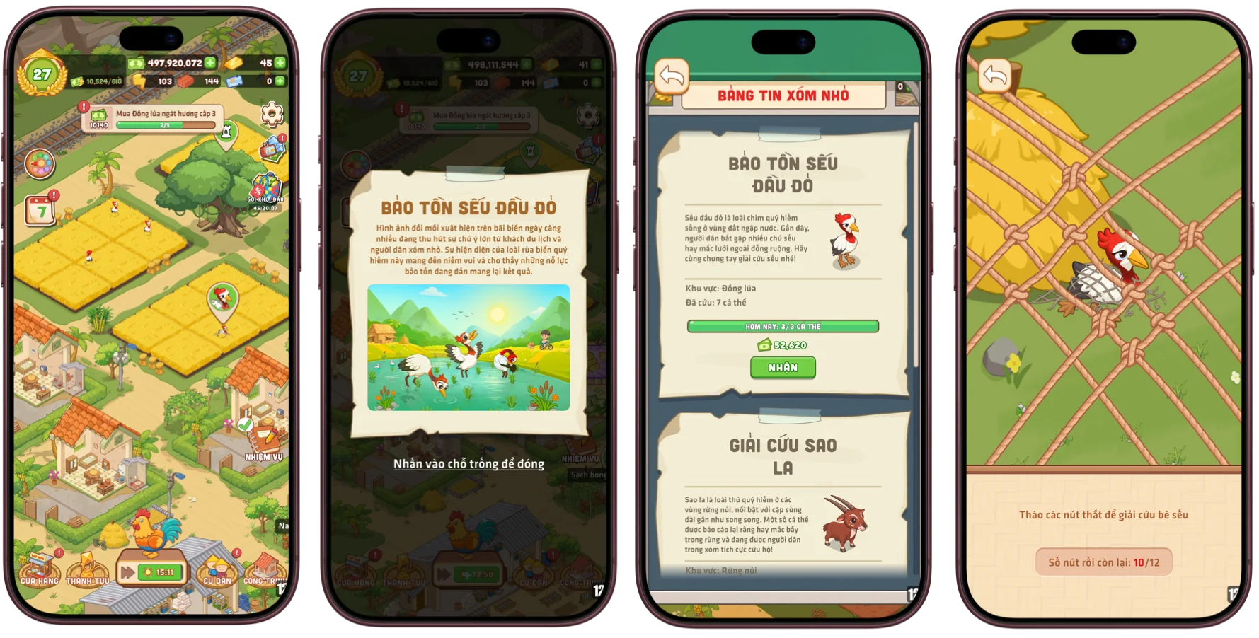Bốn màn hình game Xóm Nhỏ Tuổi Thơ: làng quê, bảng tin bảo tồn sếu đầu đỏ, nhiệm vụ giải cứu và màn gỡ lưới cứu bé sếu