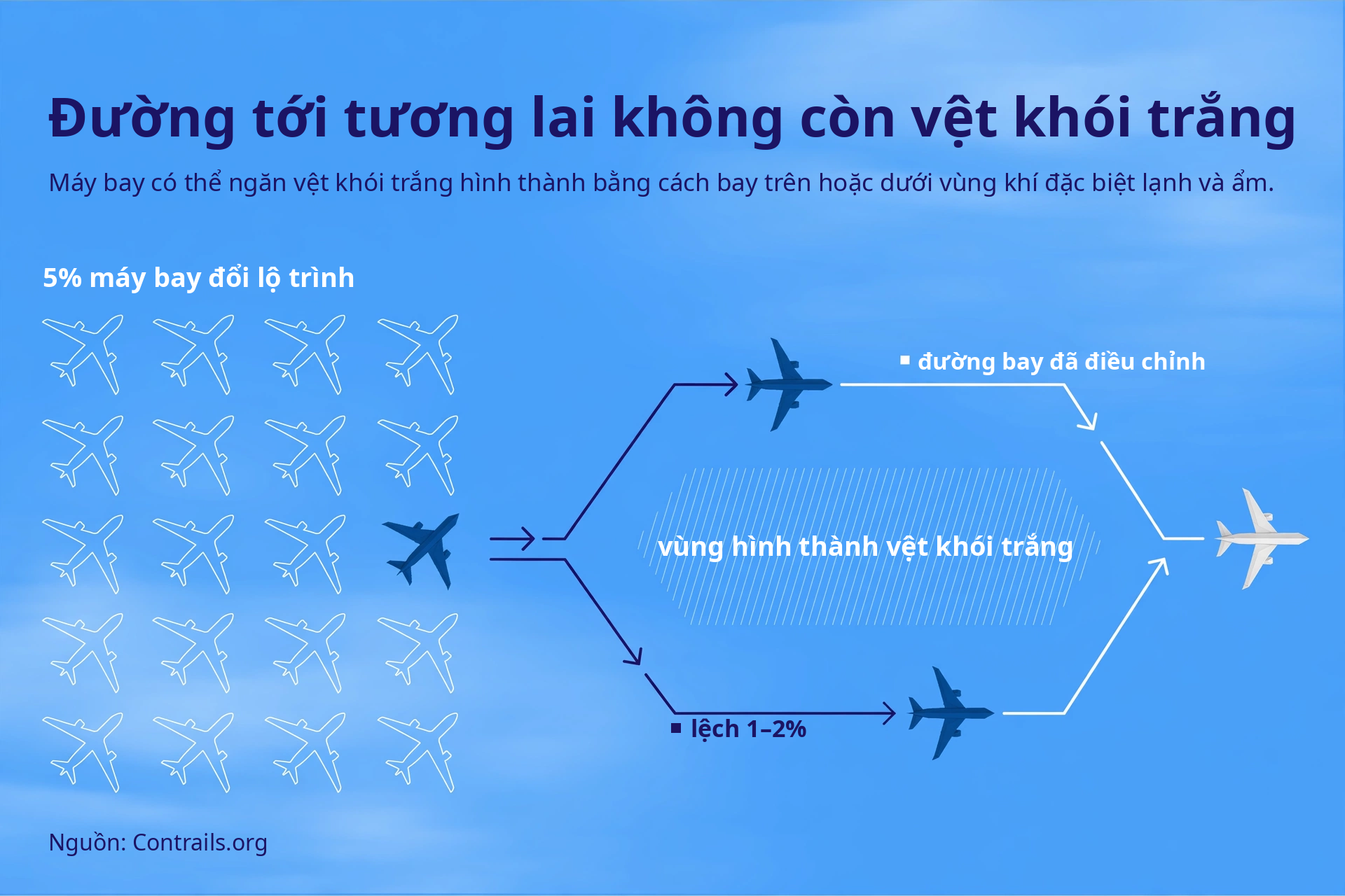 Đồ họa: 5% máy bay đổi lộ trình, rẽ trên hoặc dưới vùng hình thành vệt khói trắng rồi nhập lại đường bay, lệch 1 đến 2%.