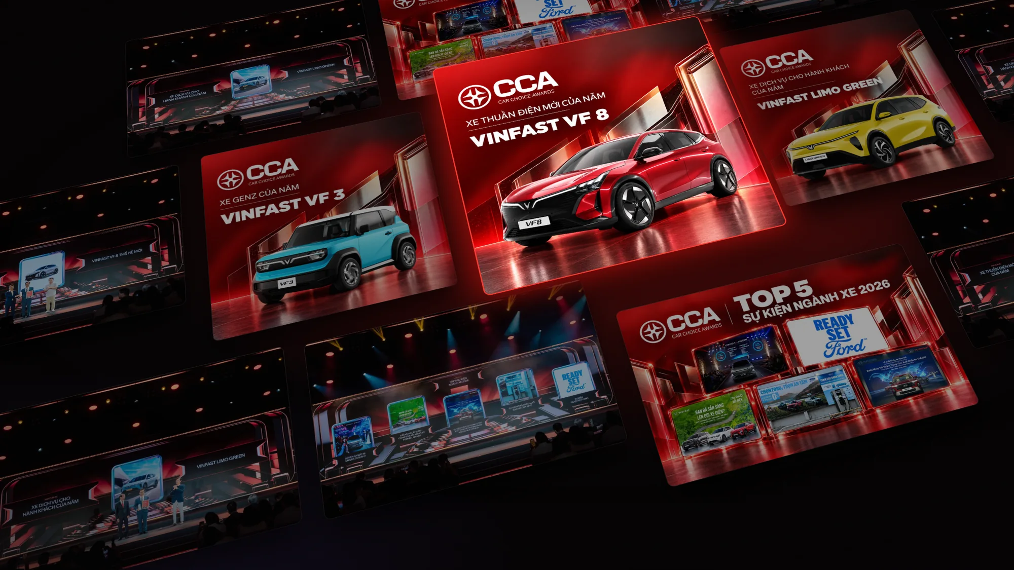 Ảnh ghép poster ba mẫu xe VinFast giành giải, poster Top 5 sự kiện ngành xe và các khoảnh khắc trao giải tại Gala Car Choice Awards 2026