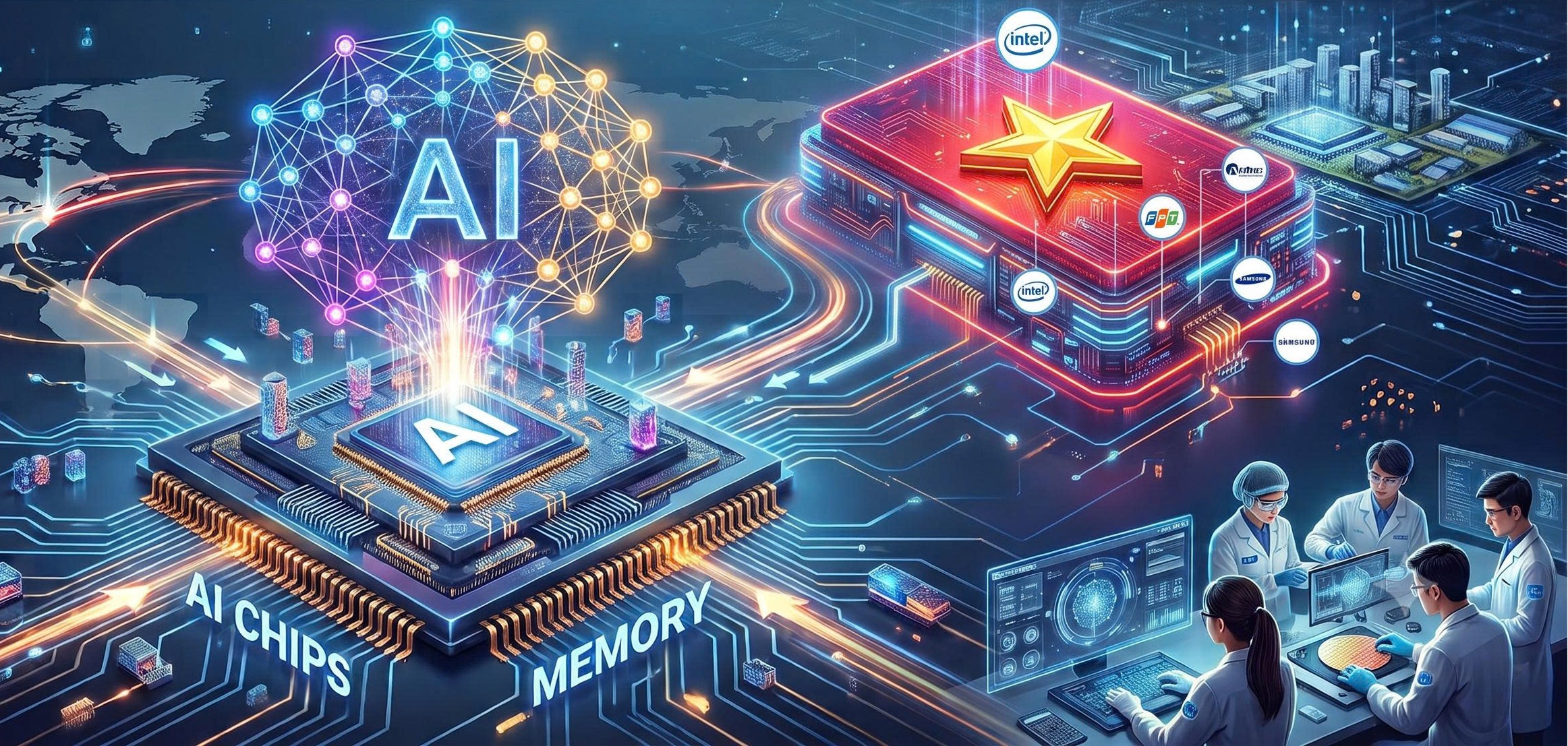 Minh họa mạng lưới AI, chip nhớ và hệ sinh thái bán dẫn Việt Nam