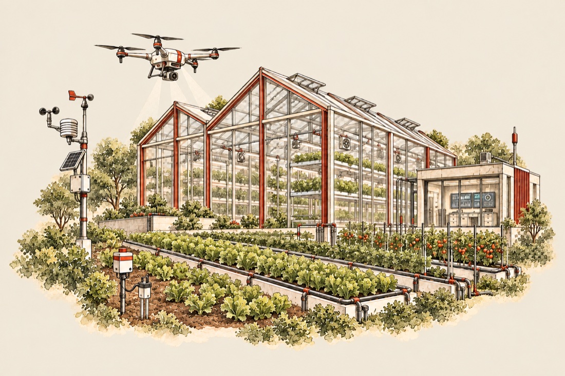 Minh họa watercolor nhà kính, drone, cảm biến và tưới chính xác