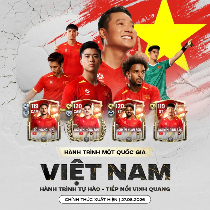 Poster sự kiện Hành trình một quốc gia Việt Nam trong FC Mobile VN, giới thiệu 4 thẻ cầu thủ Đỗ Hoàng Hên, Nguyễn Hồng Sơn, Nguyễn Xuân Sơn, Nguyễn Đình Bắc, chính thức xuất hiện 27/08/2026